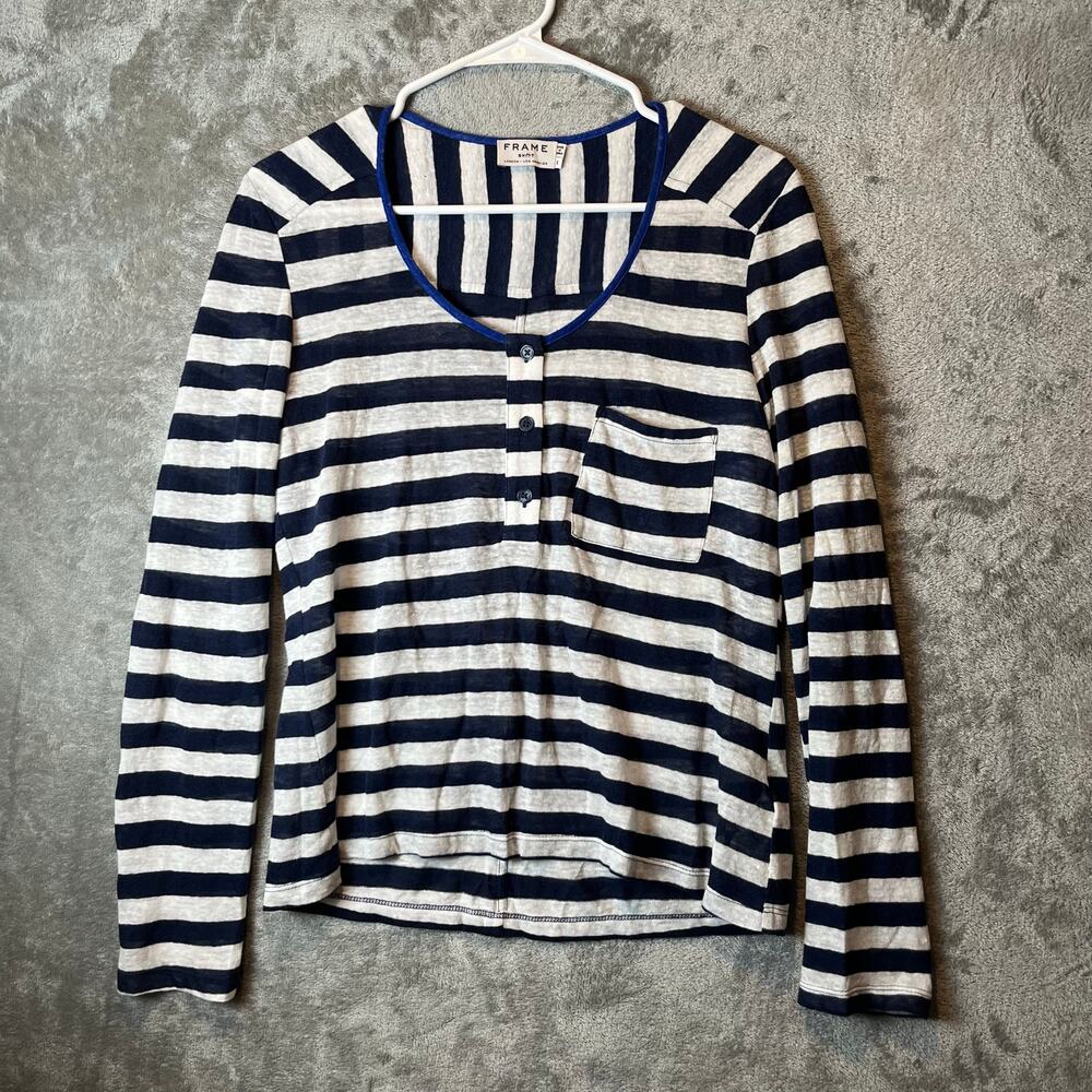 Frame Nautical Striped 100% Linen Henley Top Size Small Worn on Young and Hungry